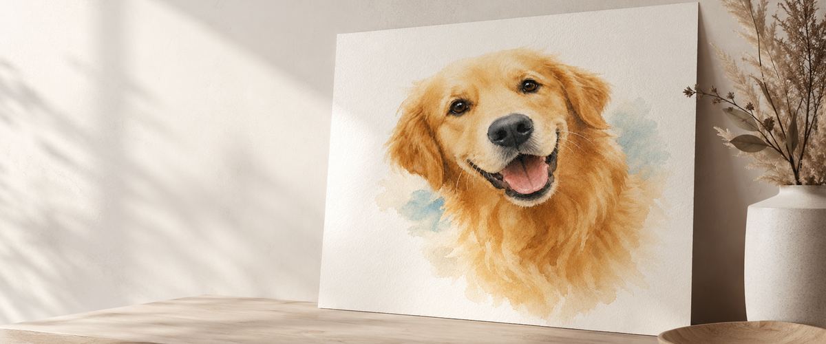 Unframed pet portrait print displayed in a warm home setting