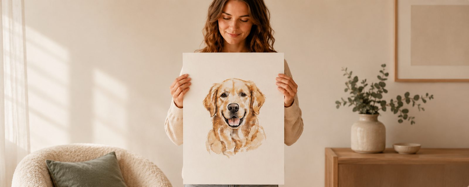 Unframed pet portrait print displayed in a warm home setting